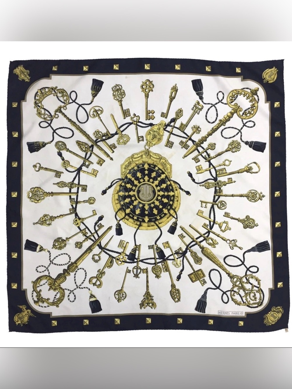 Hermes LES CLES Silk Scarf Carré 90 Black White Hand Rolled Made in France